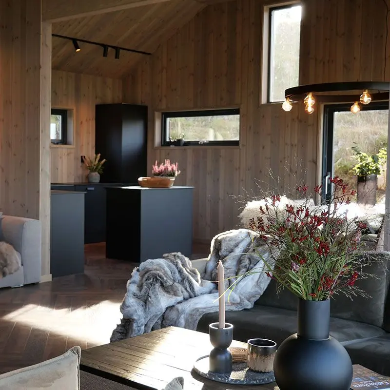 moderne stue og kjøkken i fjellhytte