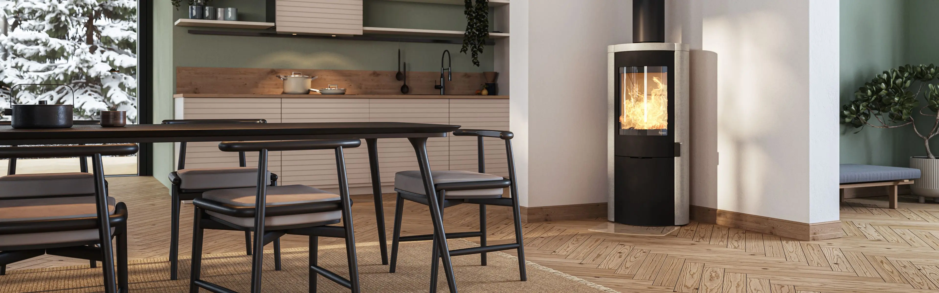 moderne kjøkken med designmøbler og peisen Origo fra Nordpeis